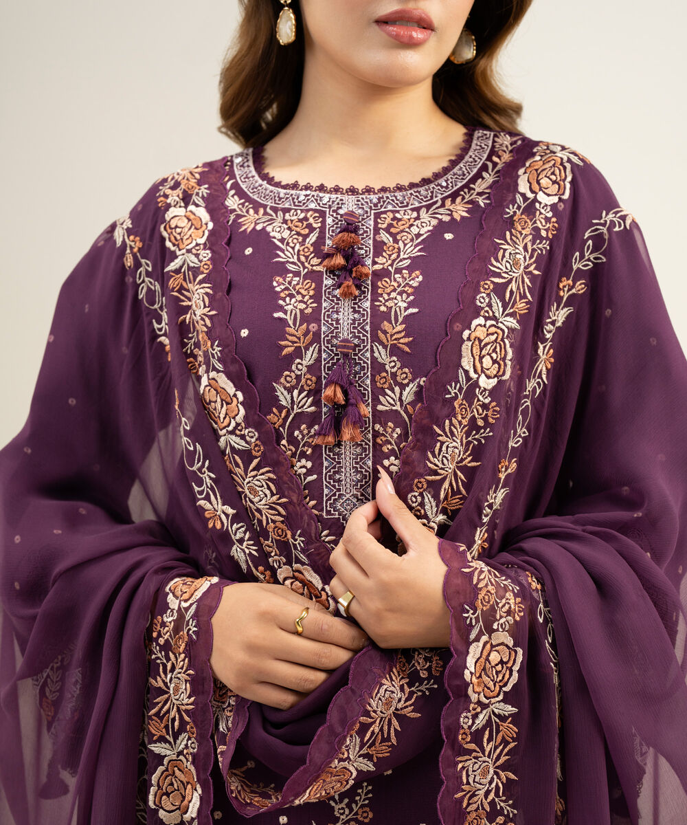 Women's Unstitched Cotton Net Embroidered Purple 3 Piece Suit