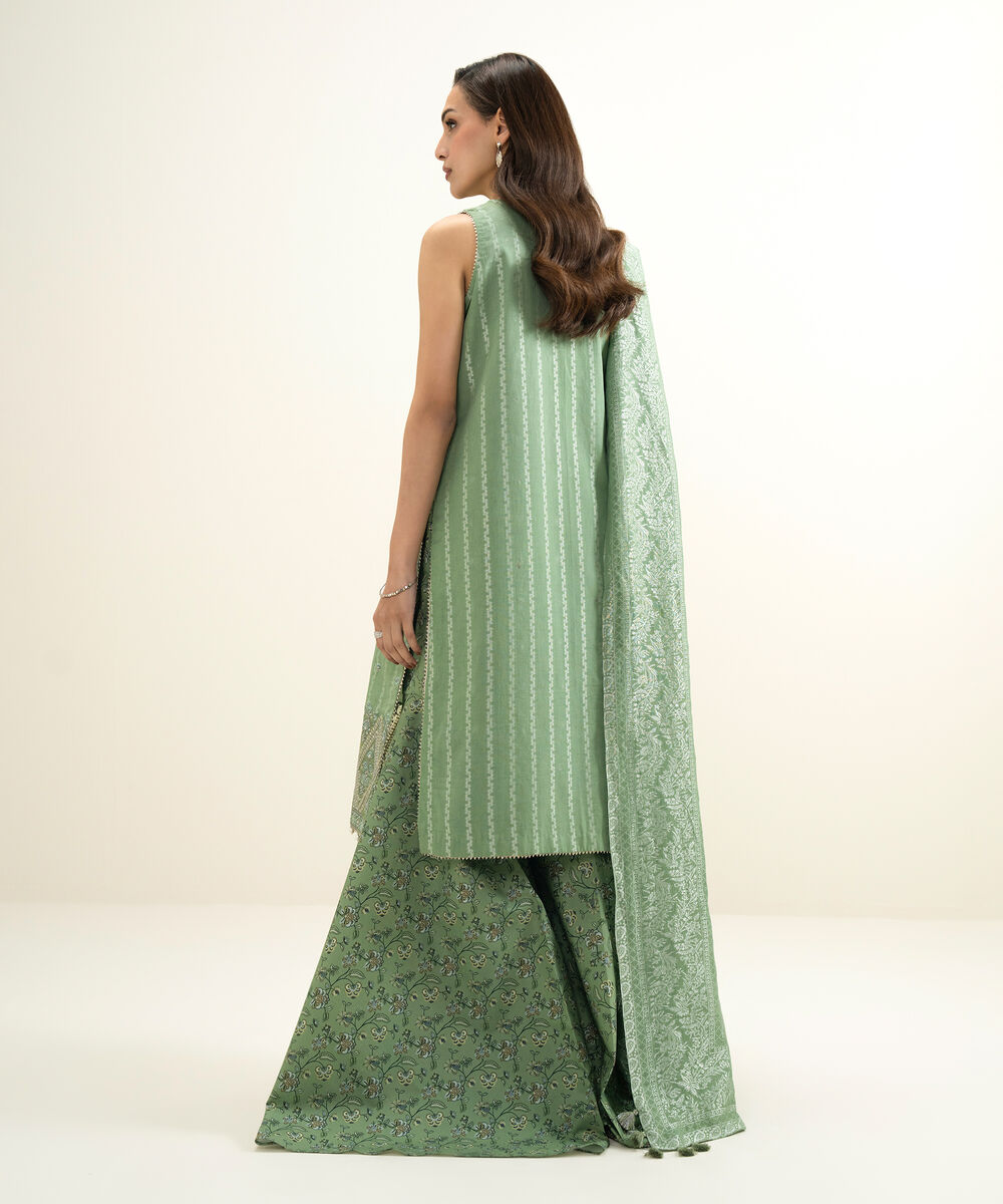 Women's Unstitched Extra Weft Jacquard Embroidered Green 3 Piece Suit