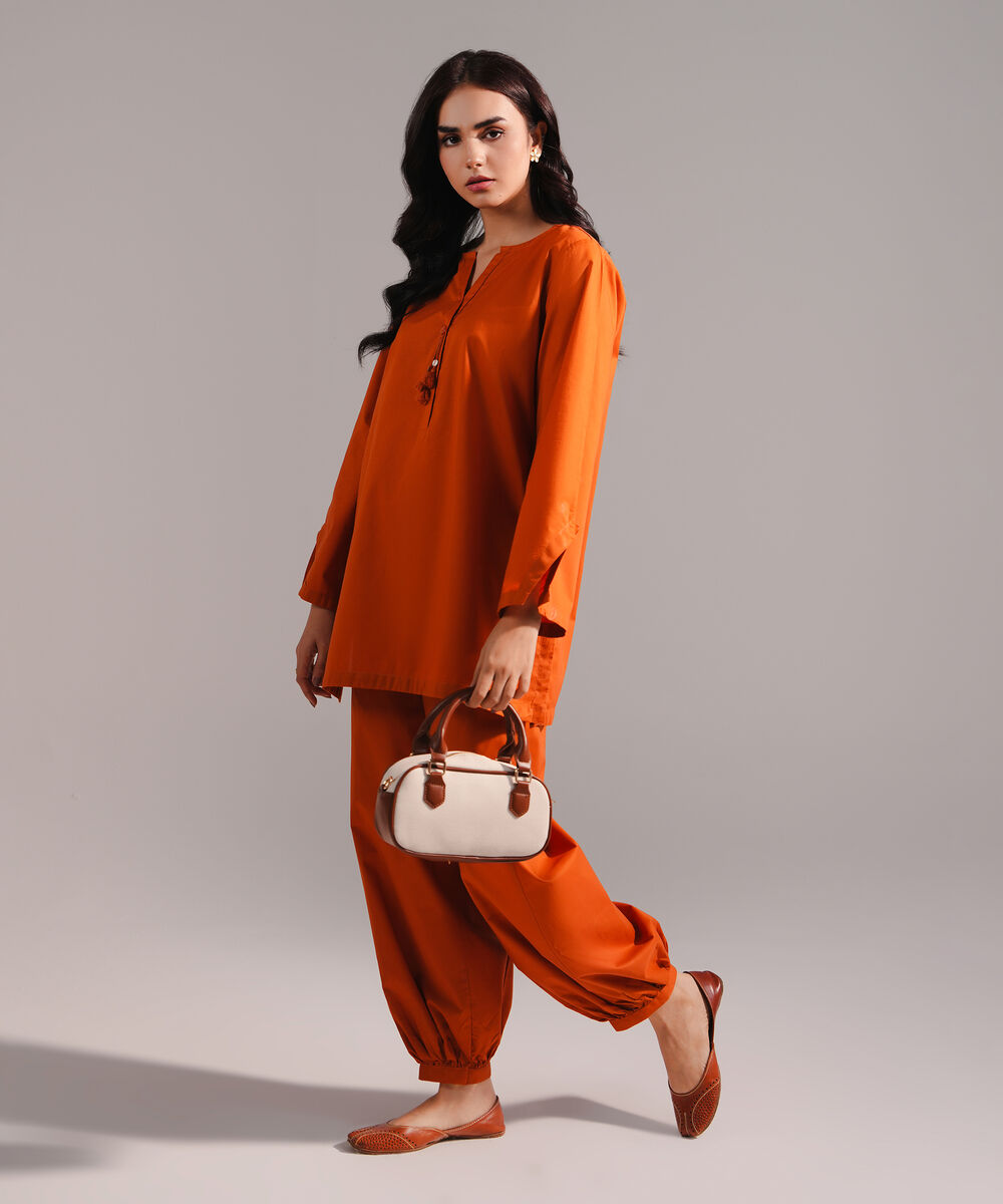 Women's RTW Lawn Solid Orange  Straight Shirt