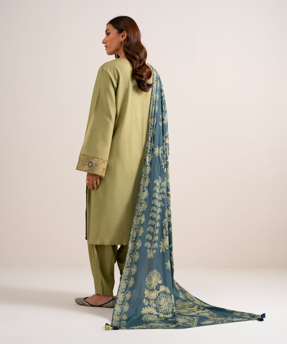 Women's Unstitched Embroidered Linen Green 3 Piece Suit