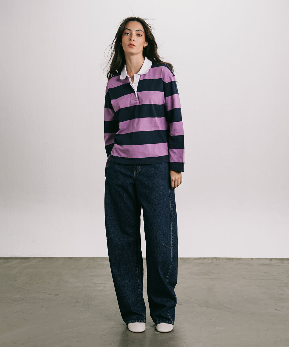 Women's Western Wear Purple Striped Rugby Polo Shirt