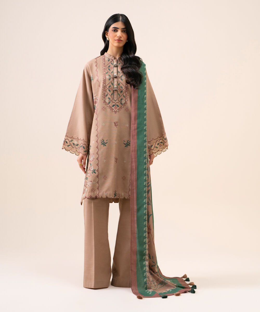 Women's Unstitched Light Khaddar Embroidered Beige 3 Piece Suit