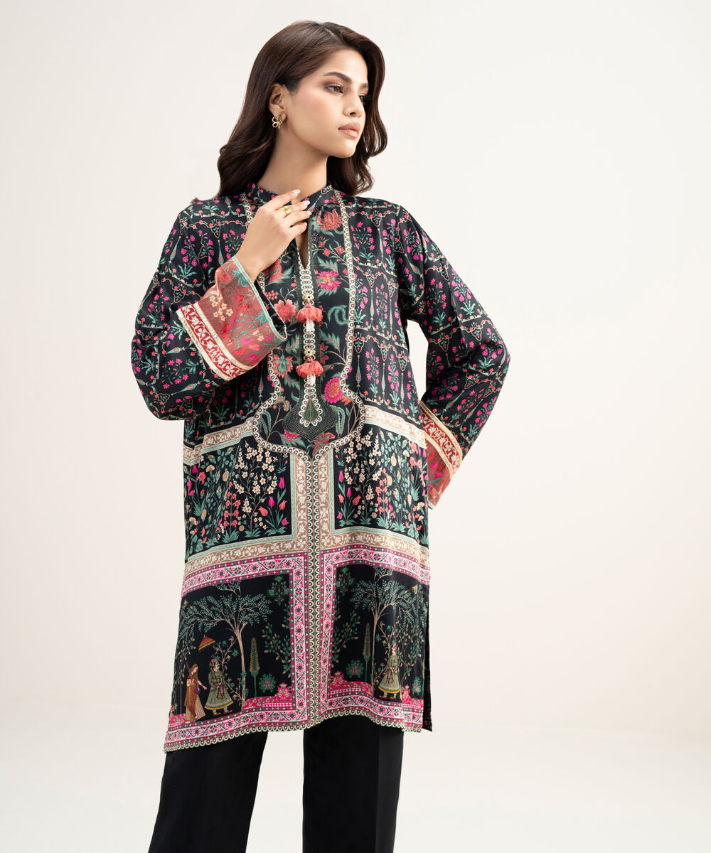 Women's RTW Premium Visocose Satin Printed Black Straight Shirt