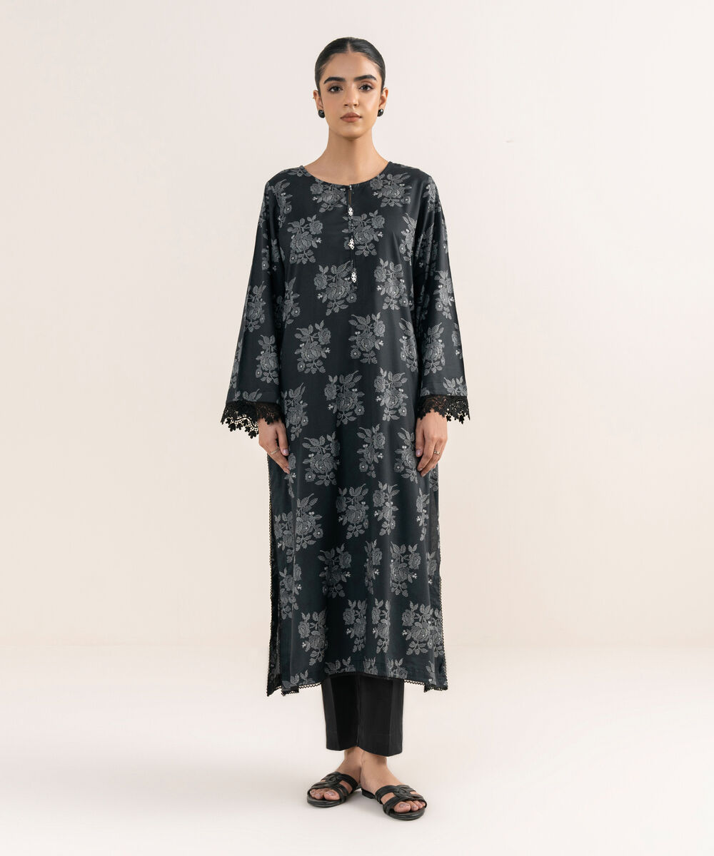 Women's RTW Lawn Viscose Black Printed A-Line Shirt
