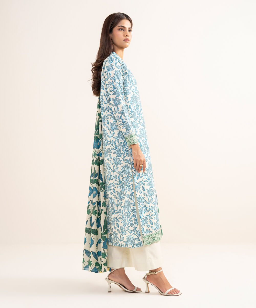 Women's Unstitched Lawn Printed Blue 3 Piece Suit