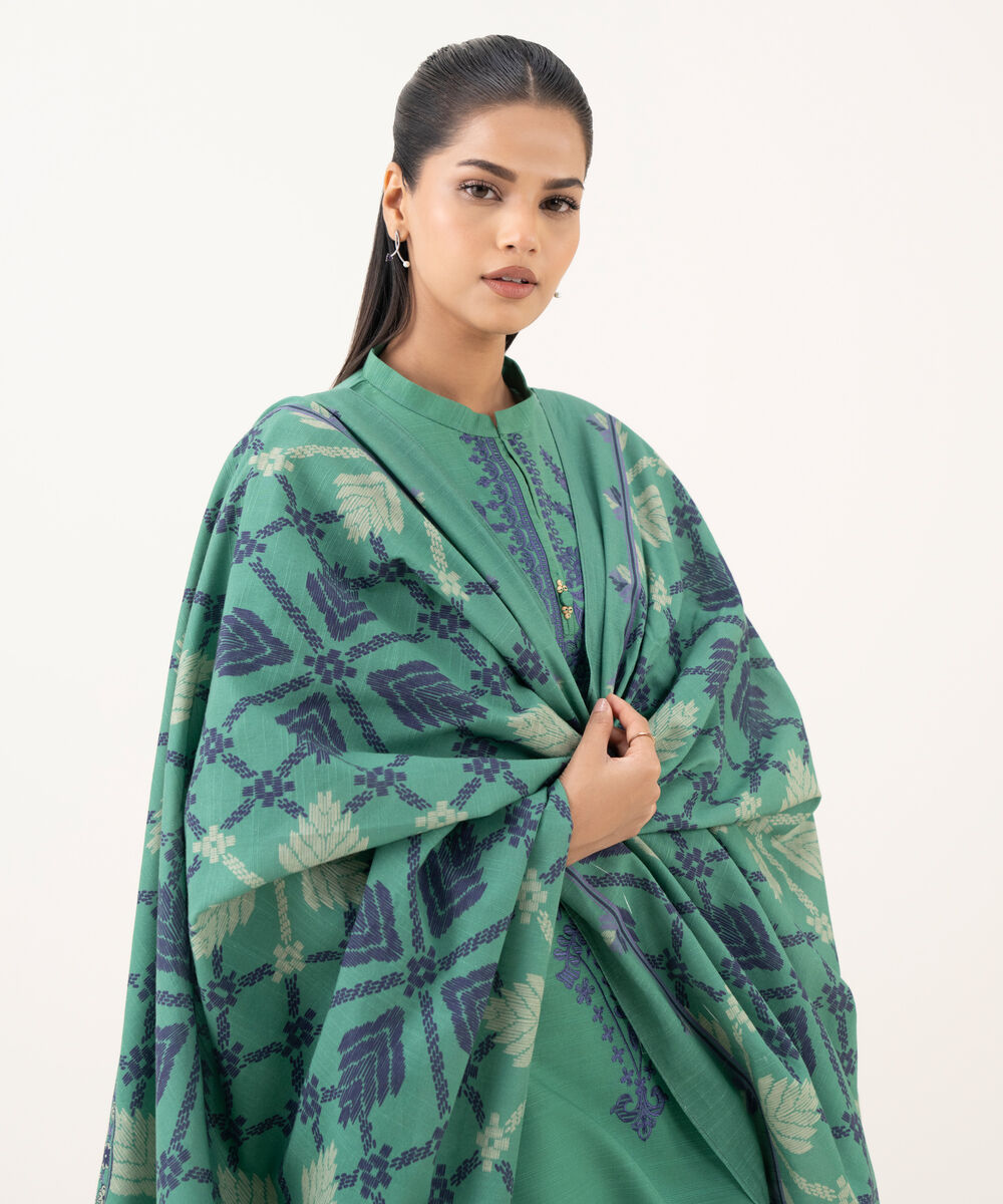 Women's Unstitched Light Khaddar Embroidered Green 3 Piece Suit