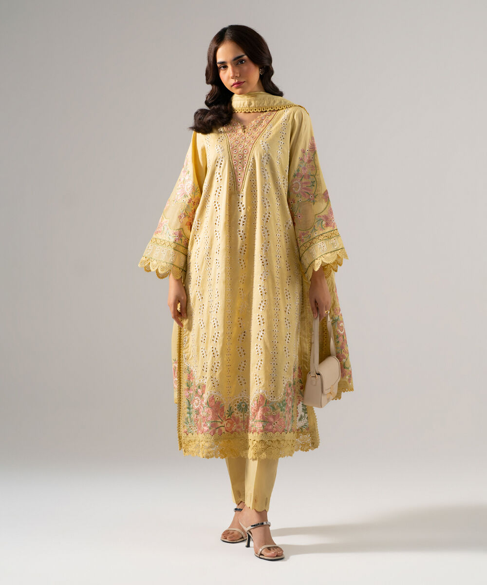 Women's RTW Self Jacquard Solid Embroidered Pale Yellow 3 Piece Suit