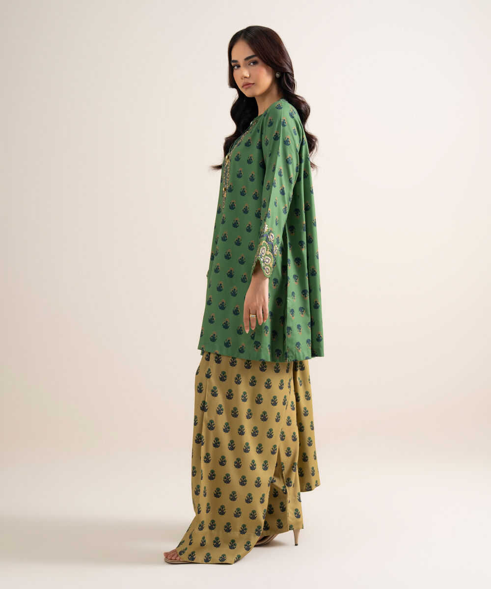 Women's Unstitched Printed Linen Green 3 Piece Suit