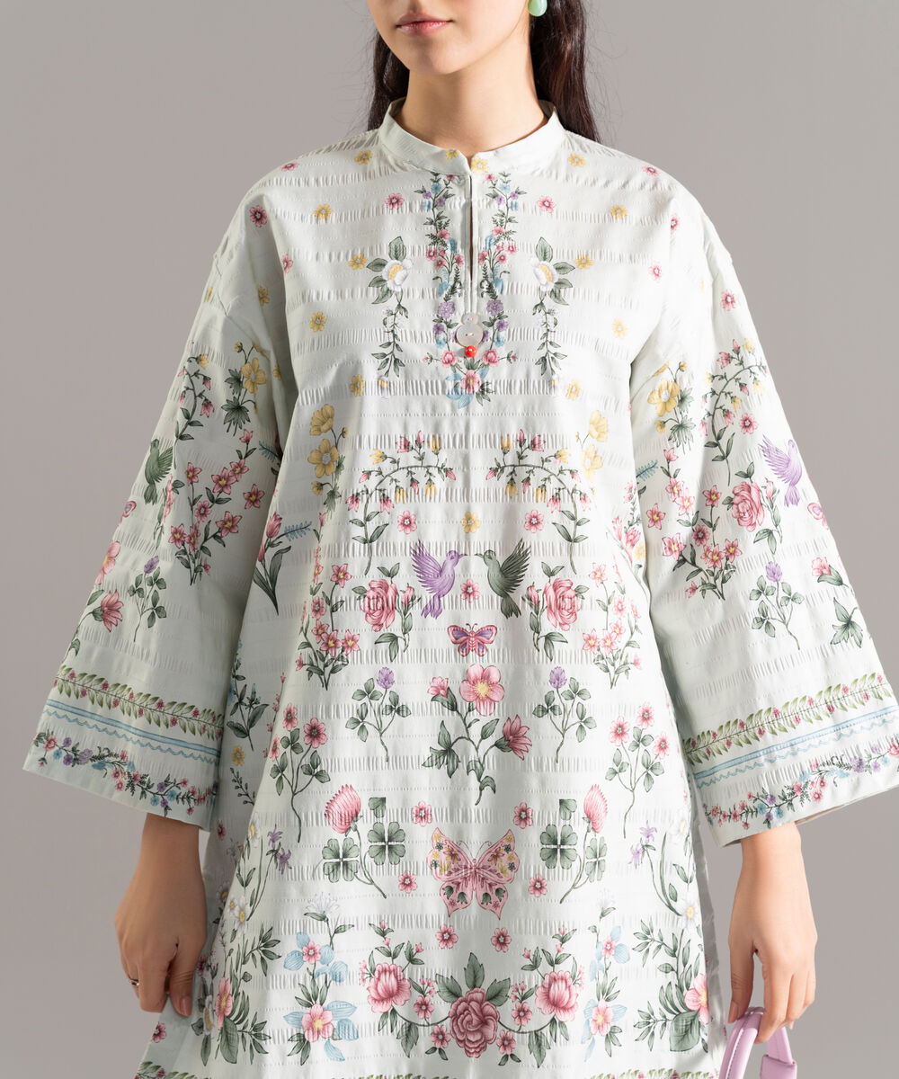 Women's RTW Seersucker Printed Green Drop Shoulder Shirt