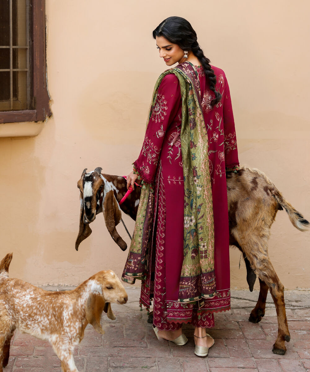 Women's Unstitched Textured Lawn Embroidered Pink 3 Piece Suit