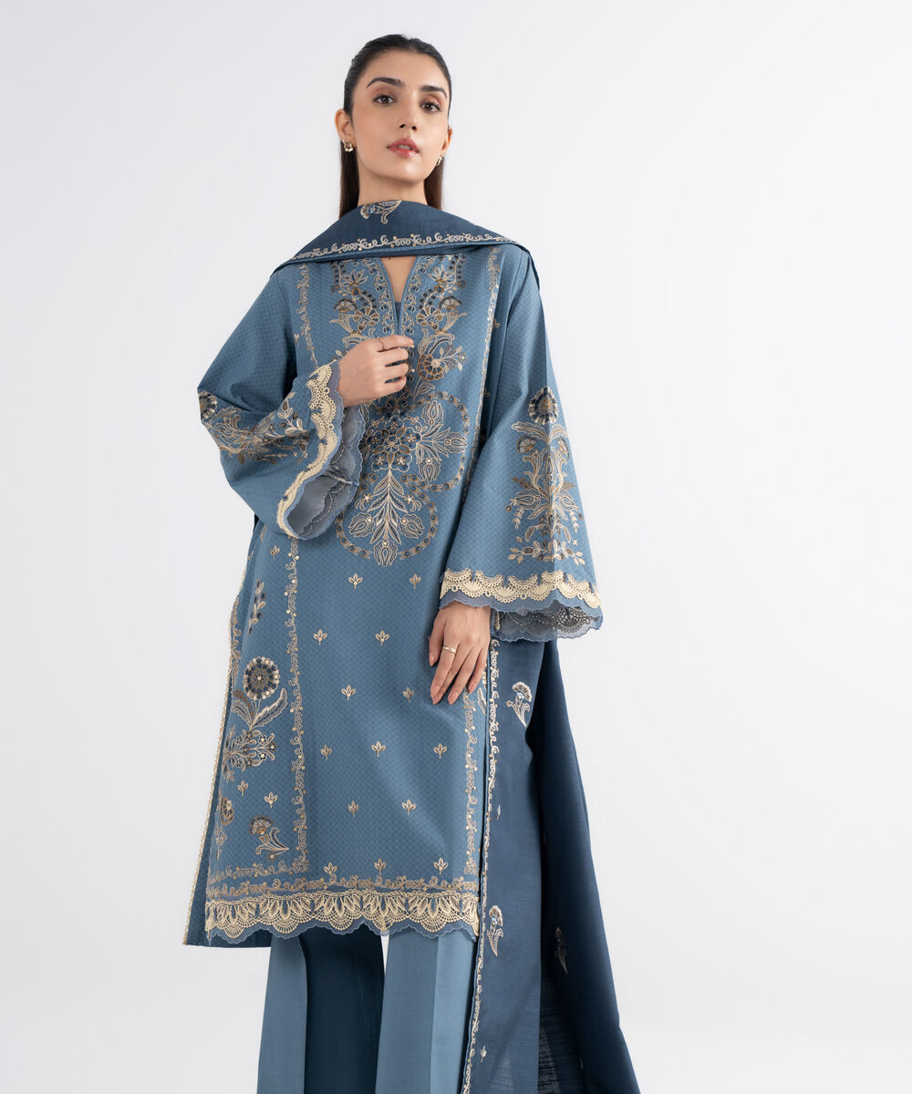 Women's Unstitched Dobby Embroidered Grey 3 Piece Suit