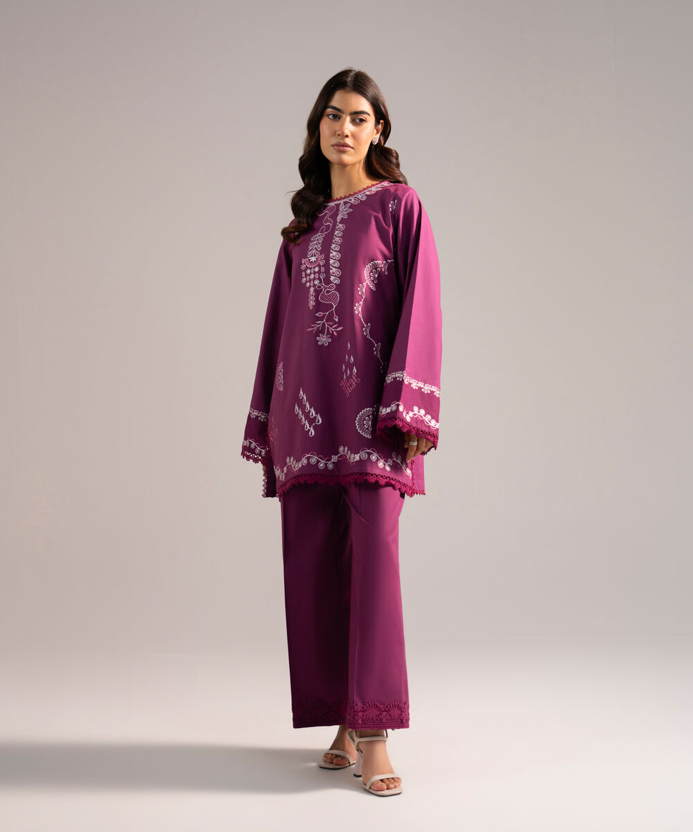 Women's RTW Cambric Embroidered Purple A-Line Shirt