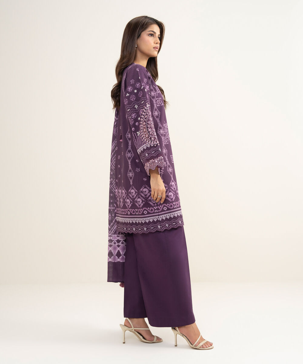Women's Unstitched Lawn Embroidered Purple 3 Piece Suit
