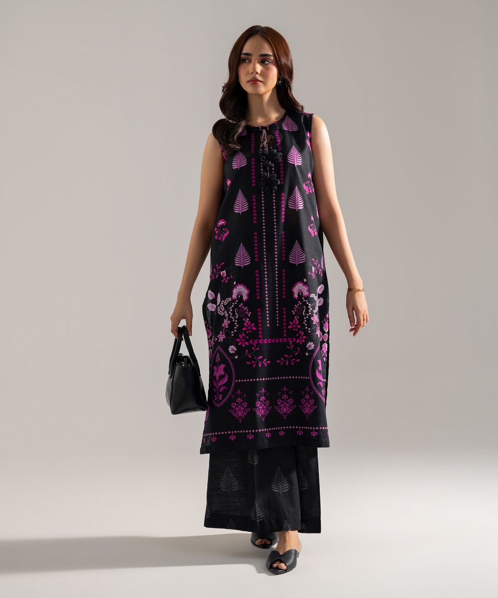 Women's RTW Printed Black Khaddar A-Line Shirt