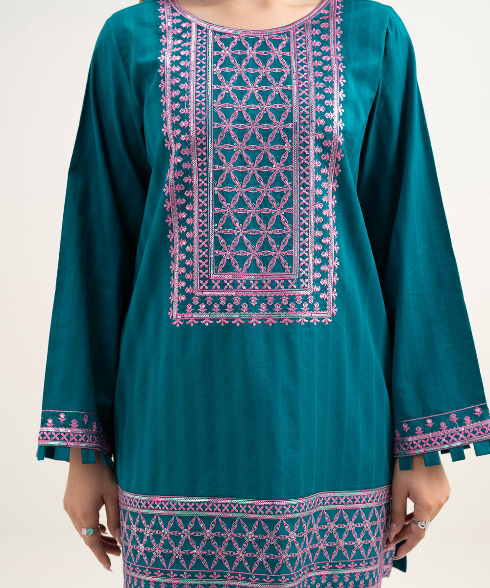 Women's RTW Dobby Embroidered Teal 2 Piece Suit