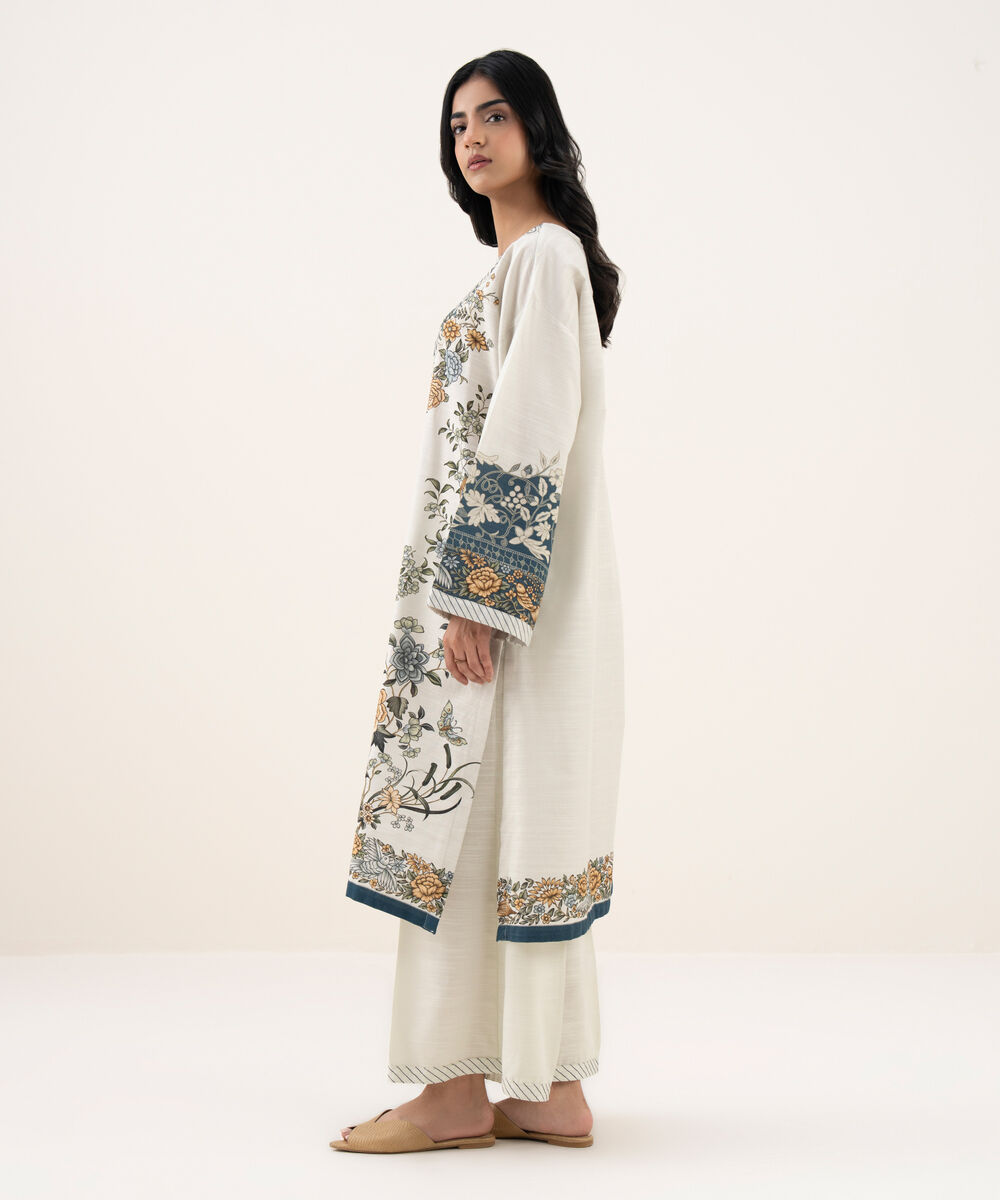 Women's RTW Khaddar Printed A-Line White Shirt