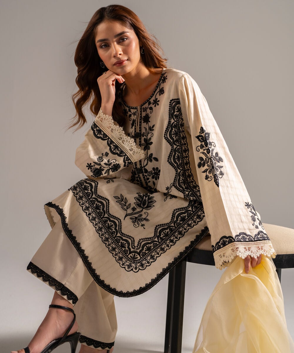 Women's RTW Dobby Embroidered Off White 3 Piece Suit