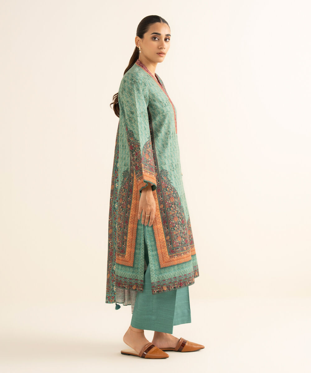 Women's Unstitched Khaddar Printed Green 3 Piece Suit