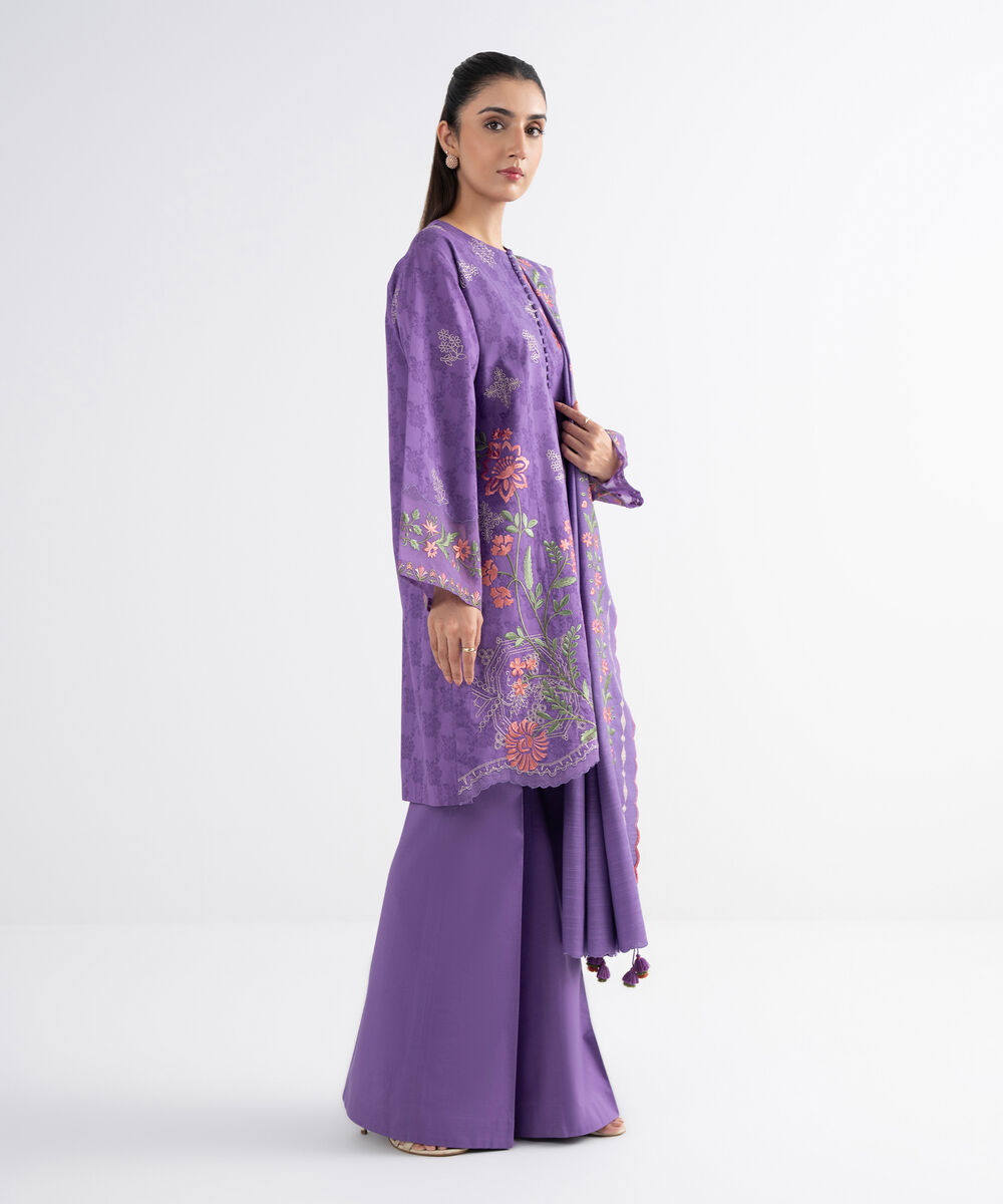 Women's Unstitched Cotton Jacquard Embroidered Purple 3 Piece Suit