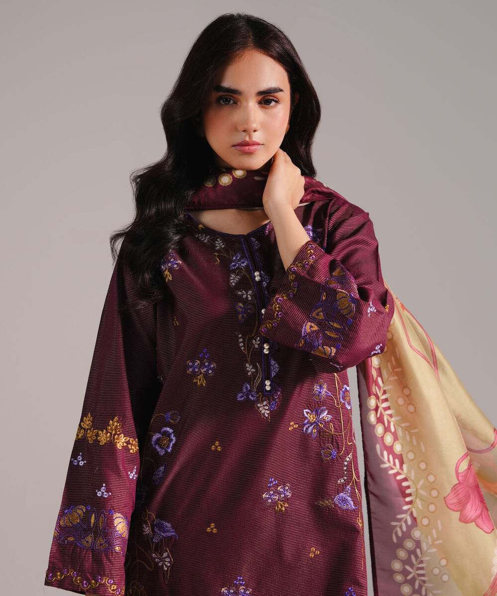 Women's RTW Zari Lawn Embroidered Maroon 3 Piece Suit
