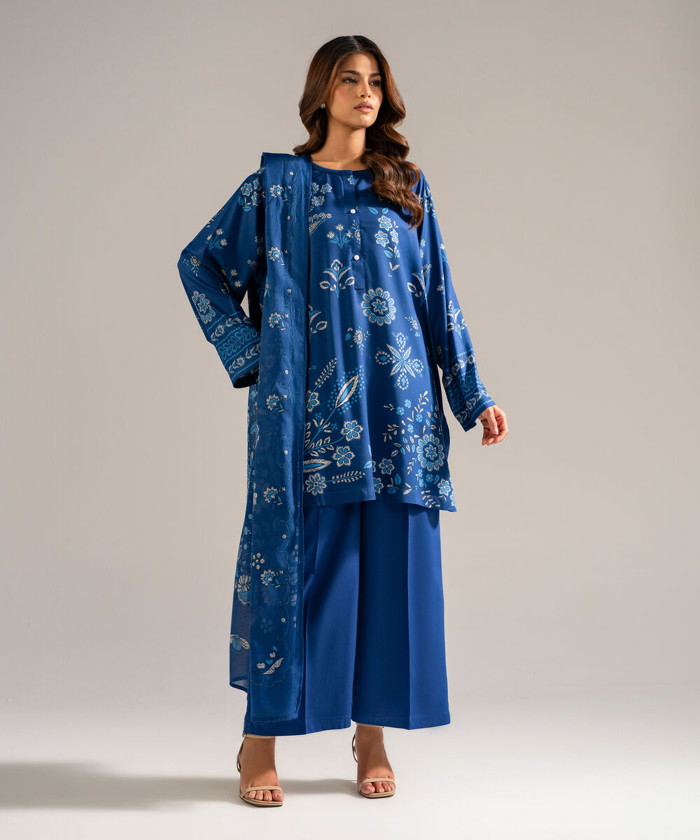 Women's RTW Arabic Lawn Printed Blue 3 Piece Suit