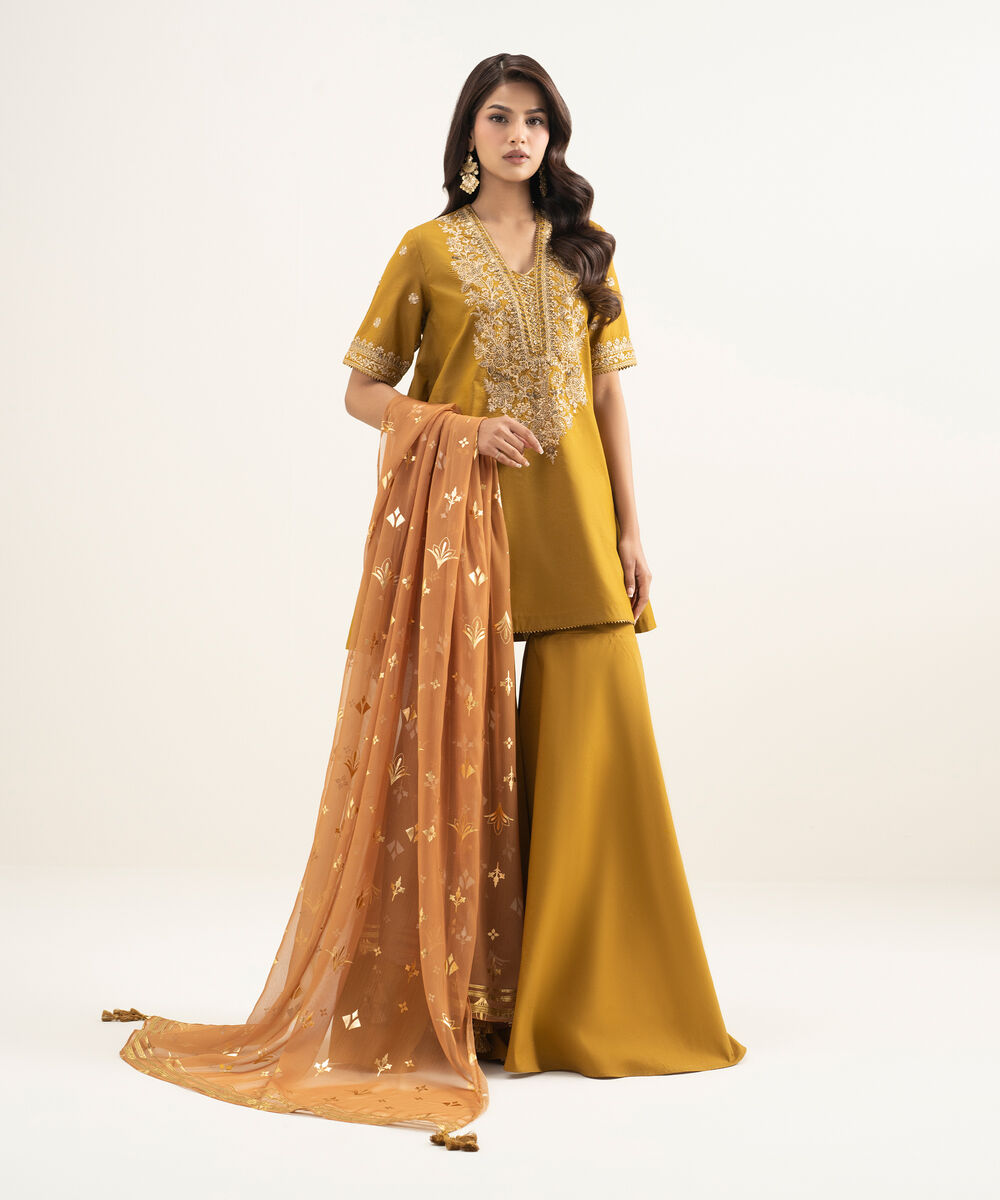 Women's Unstitched Zari Lawn Embroidered Yellow 3 Piece Suit