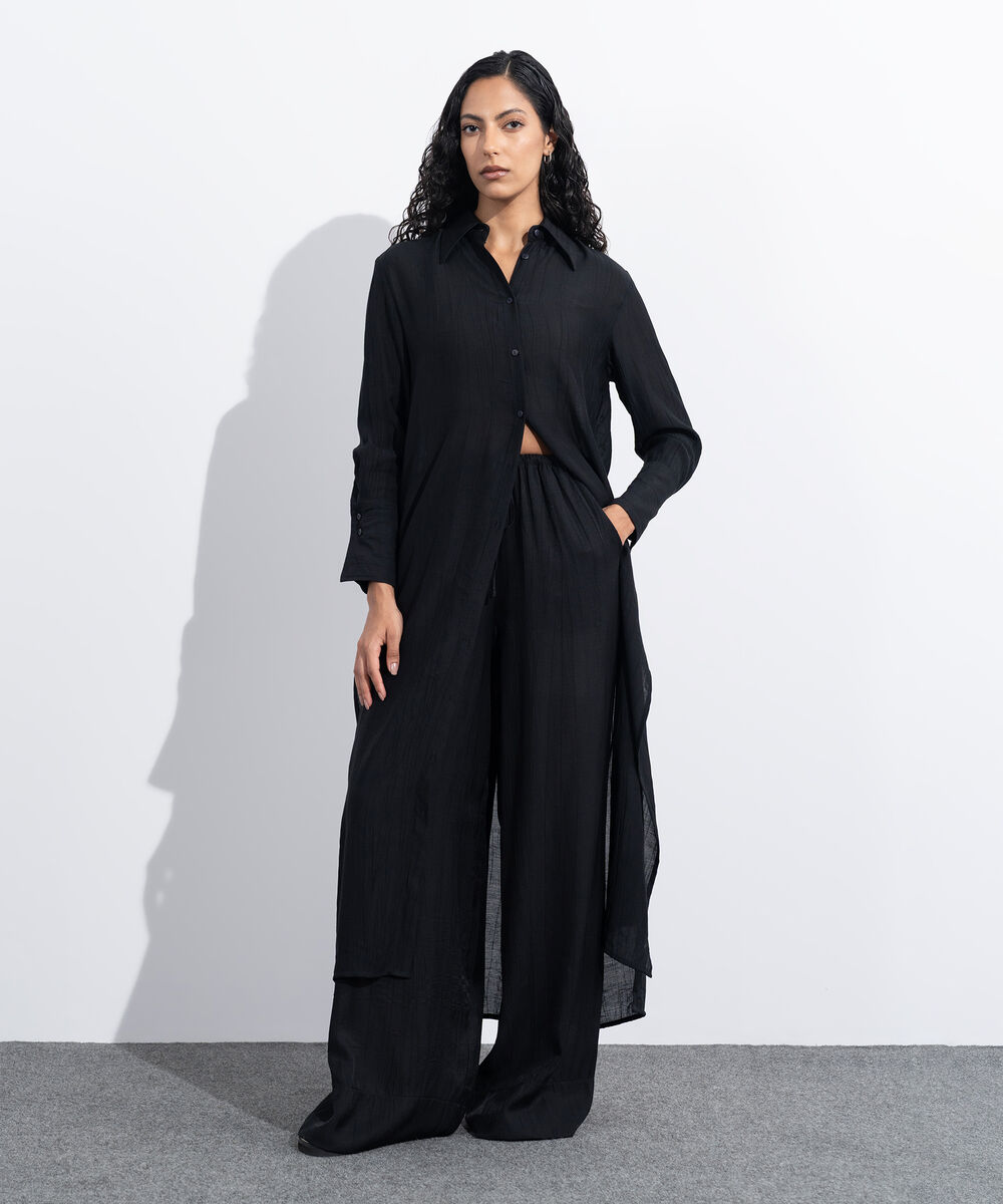 Women's Western Wear Black Textured Button Down Dress