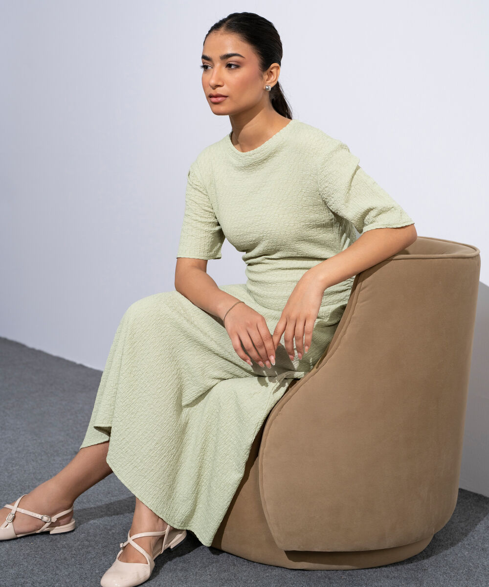 Women's Light Green Cinched Waist Textured Dress