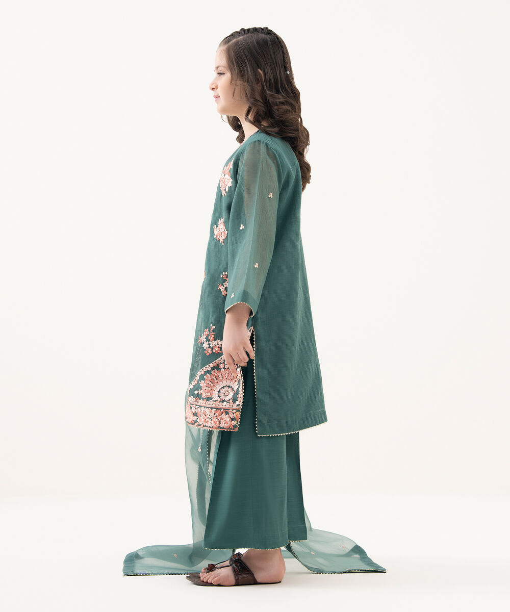 Girl's Blended Textured Karandi Embroidered Green Three Piece Suit