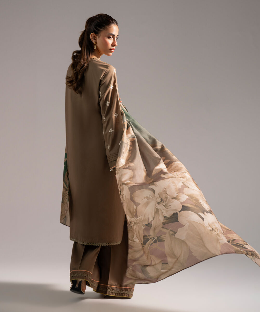 Women's RTW Slub Lawn Embroidered Dark Olive 3 Piece Suit