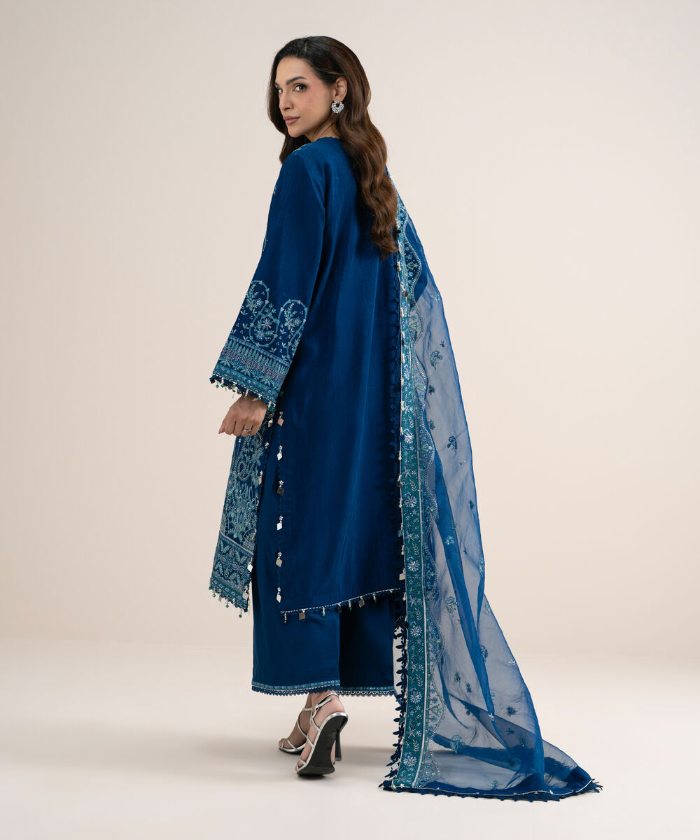 Women's Unstitched Embroidered Viscose Raw Silk Blue 3 Piece Suit