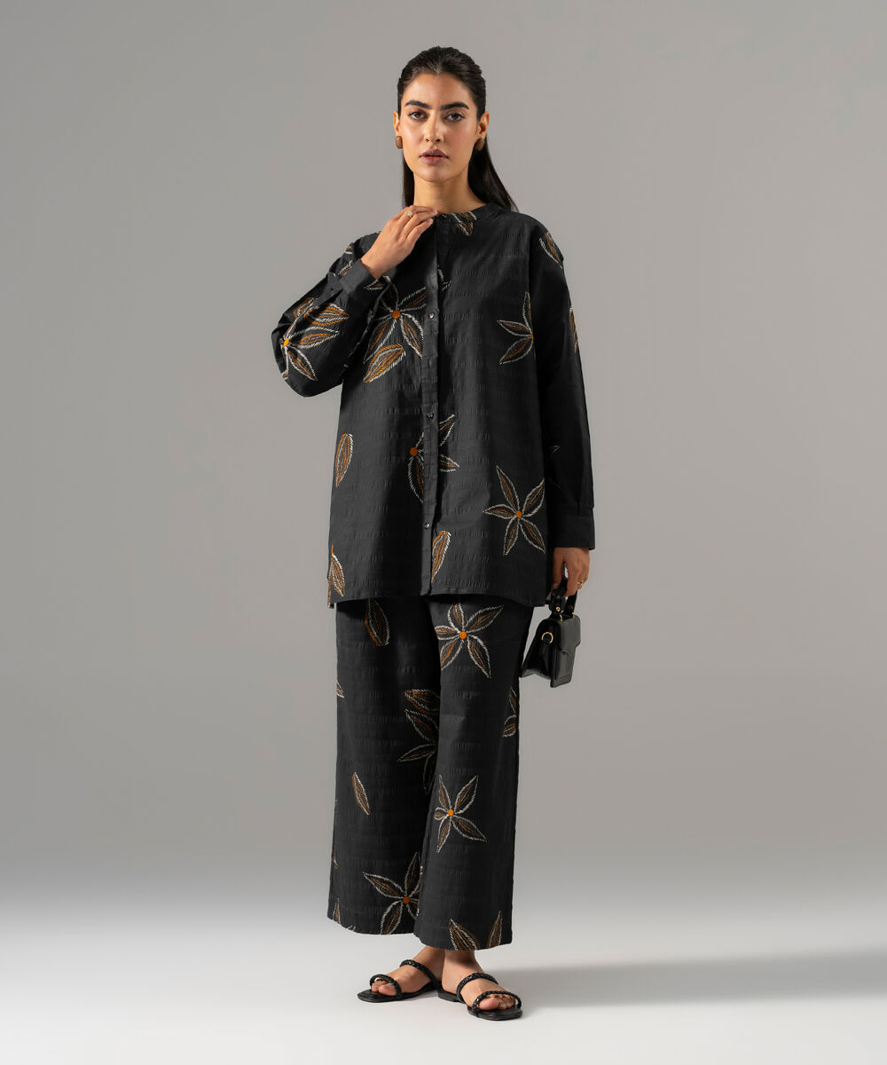 Women's RTW Seersucker Printed Black 2 Piece Suit