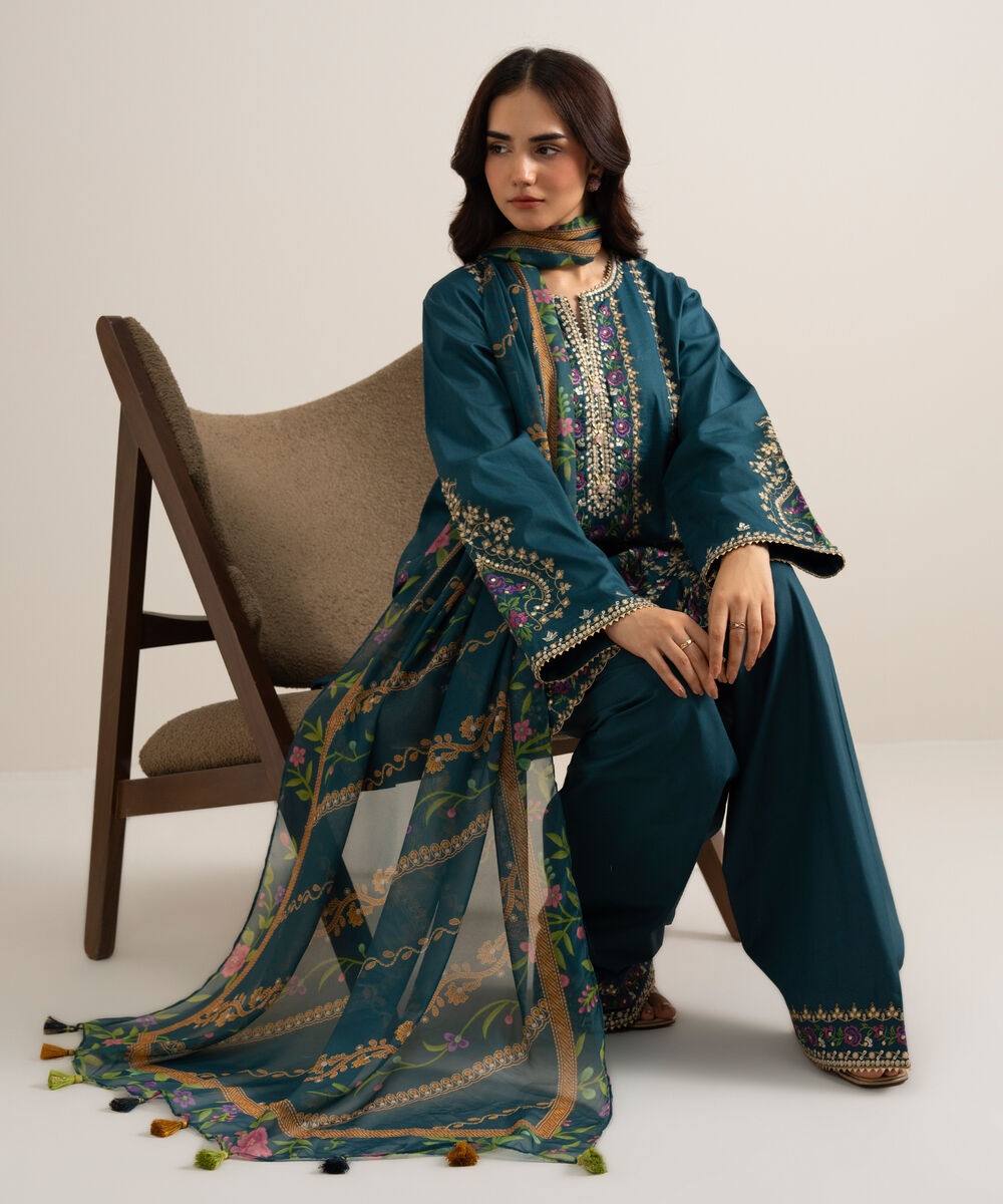 Women's Unstitched Embroidered Cotton Viscose Teal Green 3 Piece Suit
