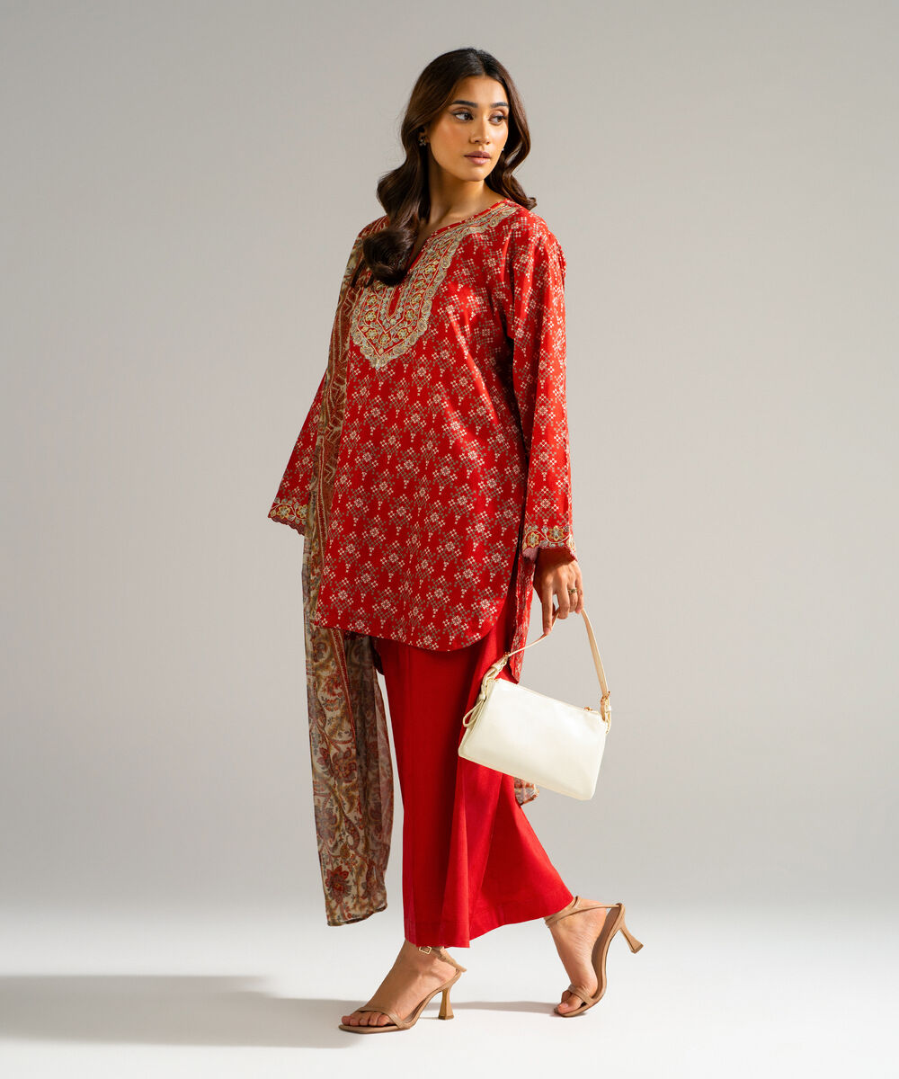 Women's RTW Self Jacquard Embroidered Red 3 Piece Suit