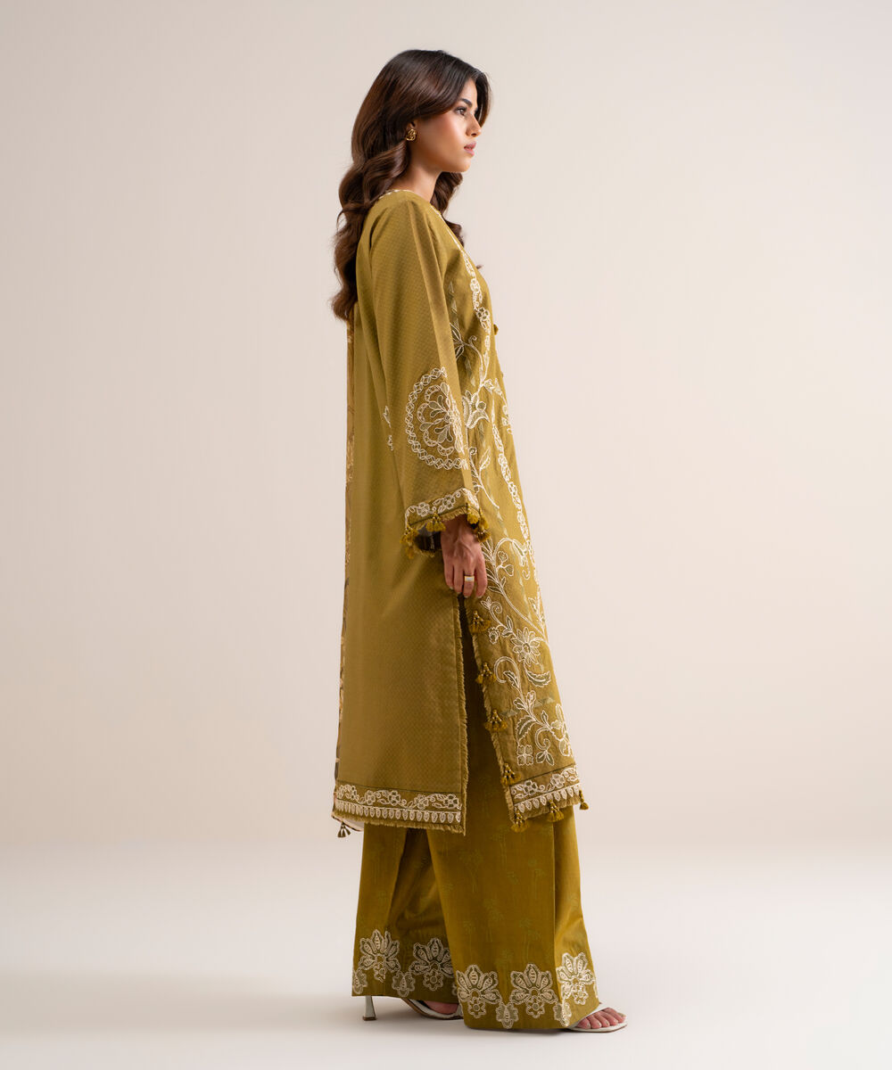 Women's Unstitched Embroidered Dobby Olive Green 3 Piece Suit