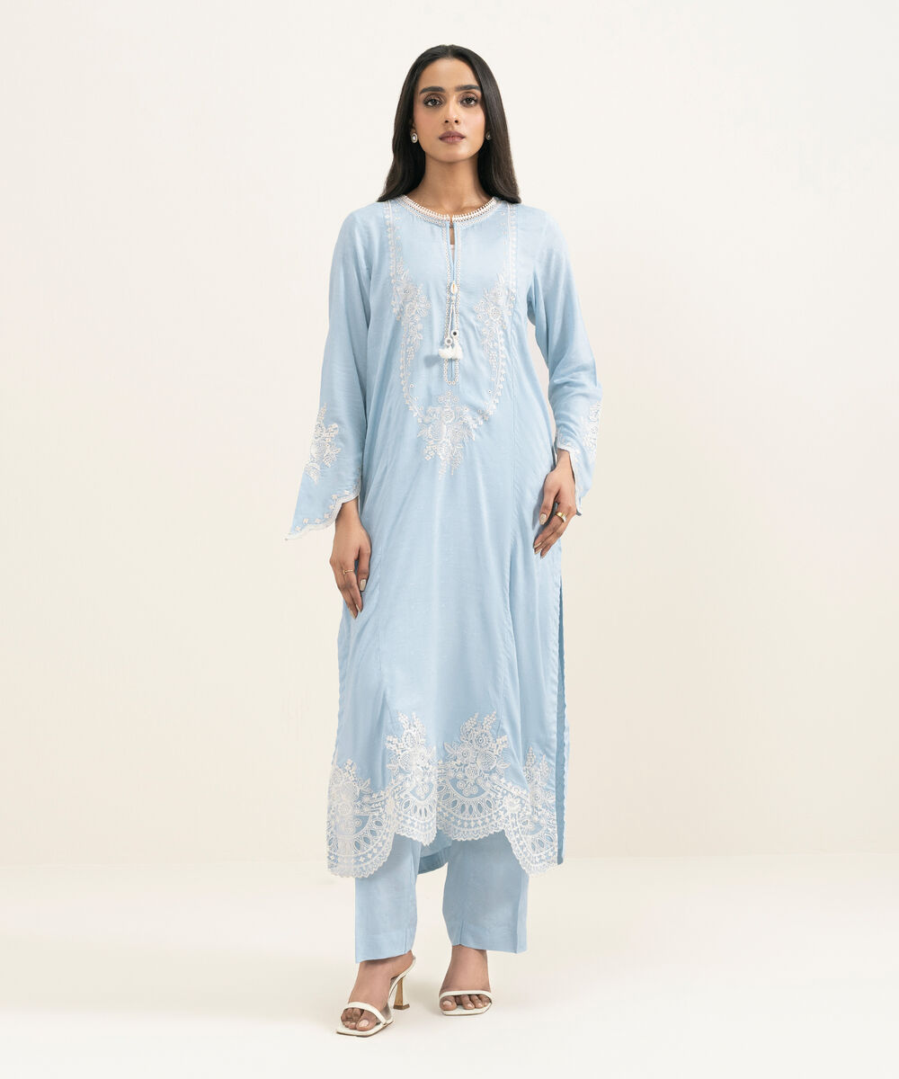 Women's RTW Arabic Self Jacquard Embroidered Blue A-Line Shirt