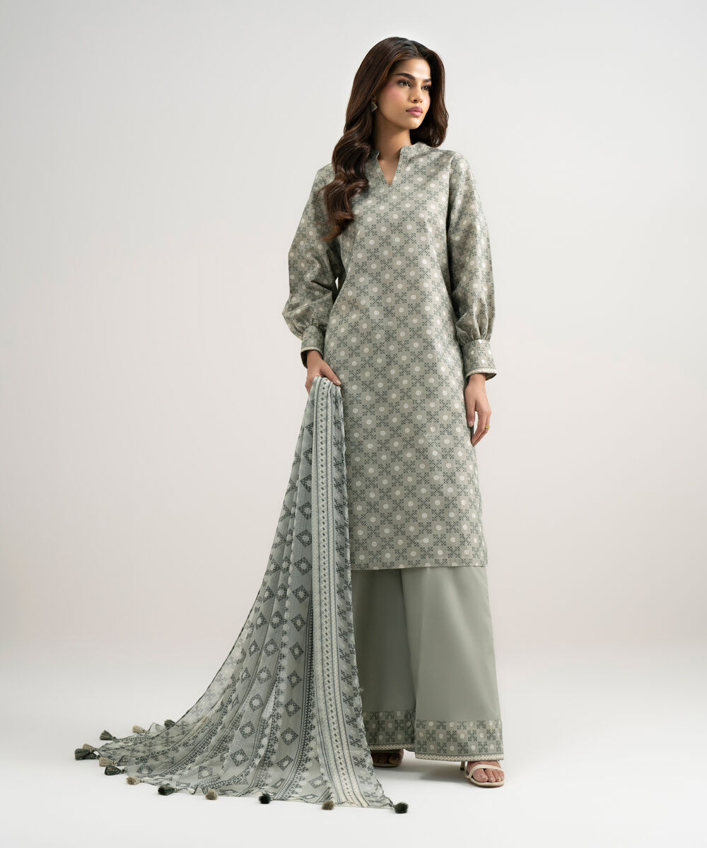 Women's Unstitched Zari Lawn Printed Grey 3 Piece Suit