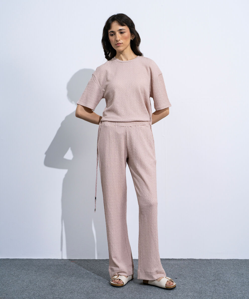 Women's Peach Pull-On  Textured Trousers With Tie Detail