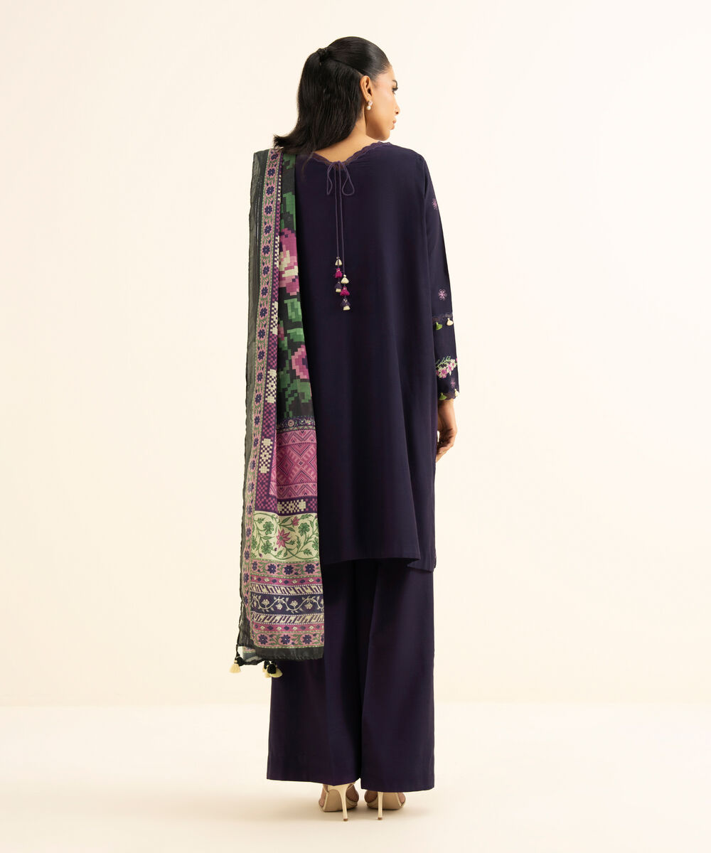 Women's Unstitched Viscose Raw Silk Embroidered Purple 3 Piece Suit