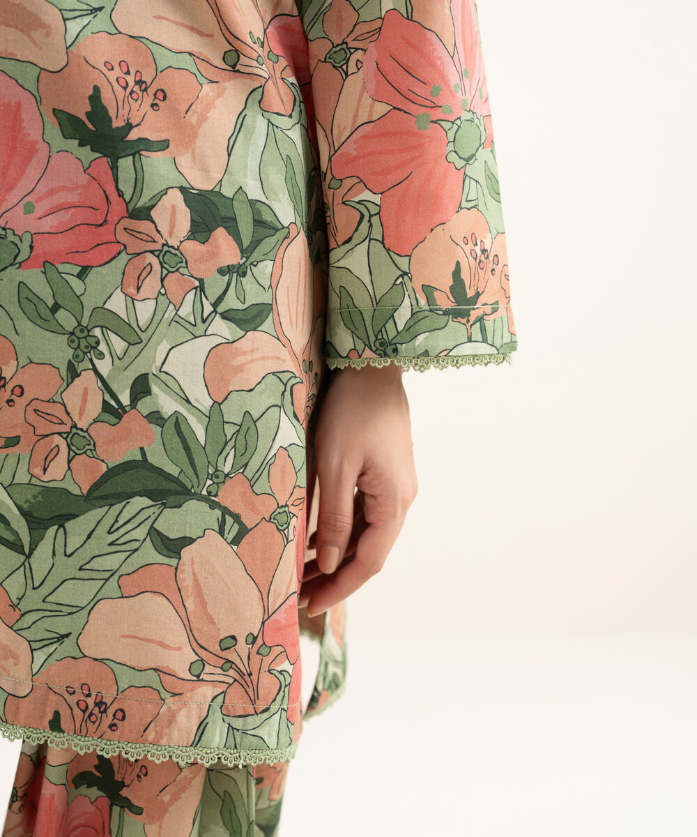 Women's RTW Cambric Printed Green Straight Shirt