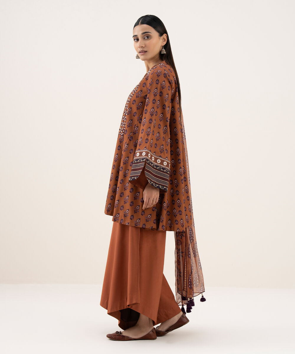 Women's Unstitched Light Linen Printed Brown 3 Piece Suit