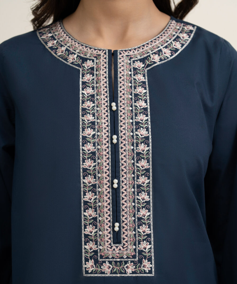 Women's RTW Cambric Embroidered Blue Straight Shirt