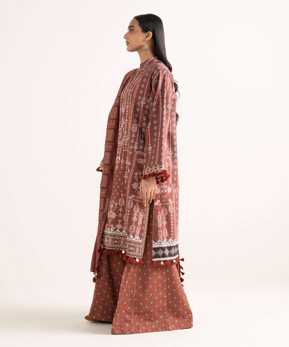 Women's Unstitched Fine Cotton Satin Embroidered Brown  3 Piece Suit