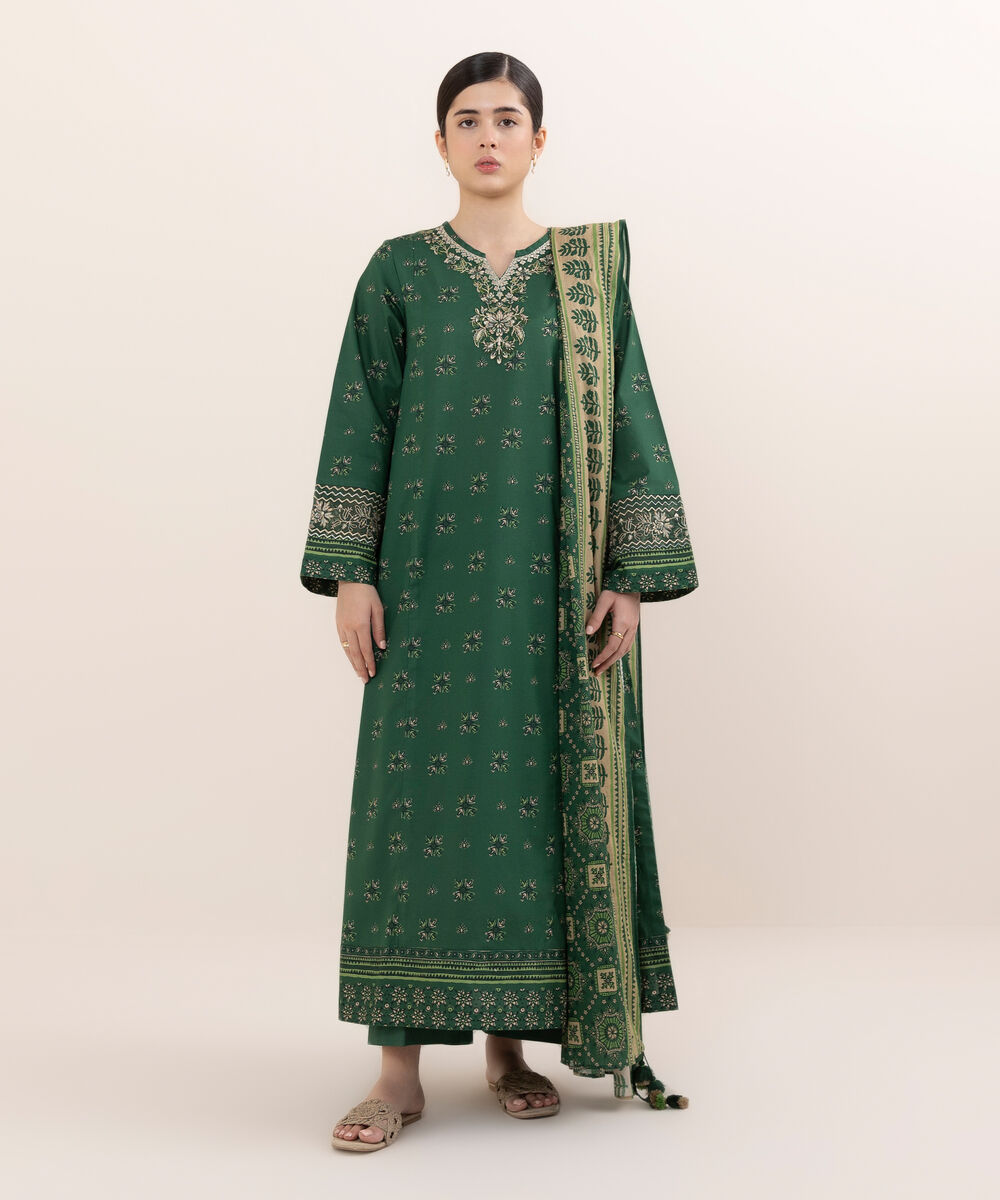 Women's Unstitched Lawn Embroidered Green 3 Piece Suit