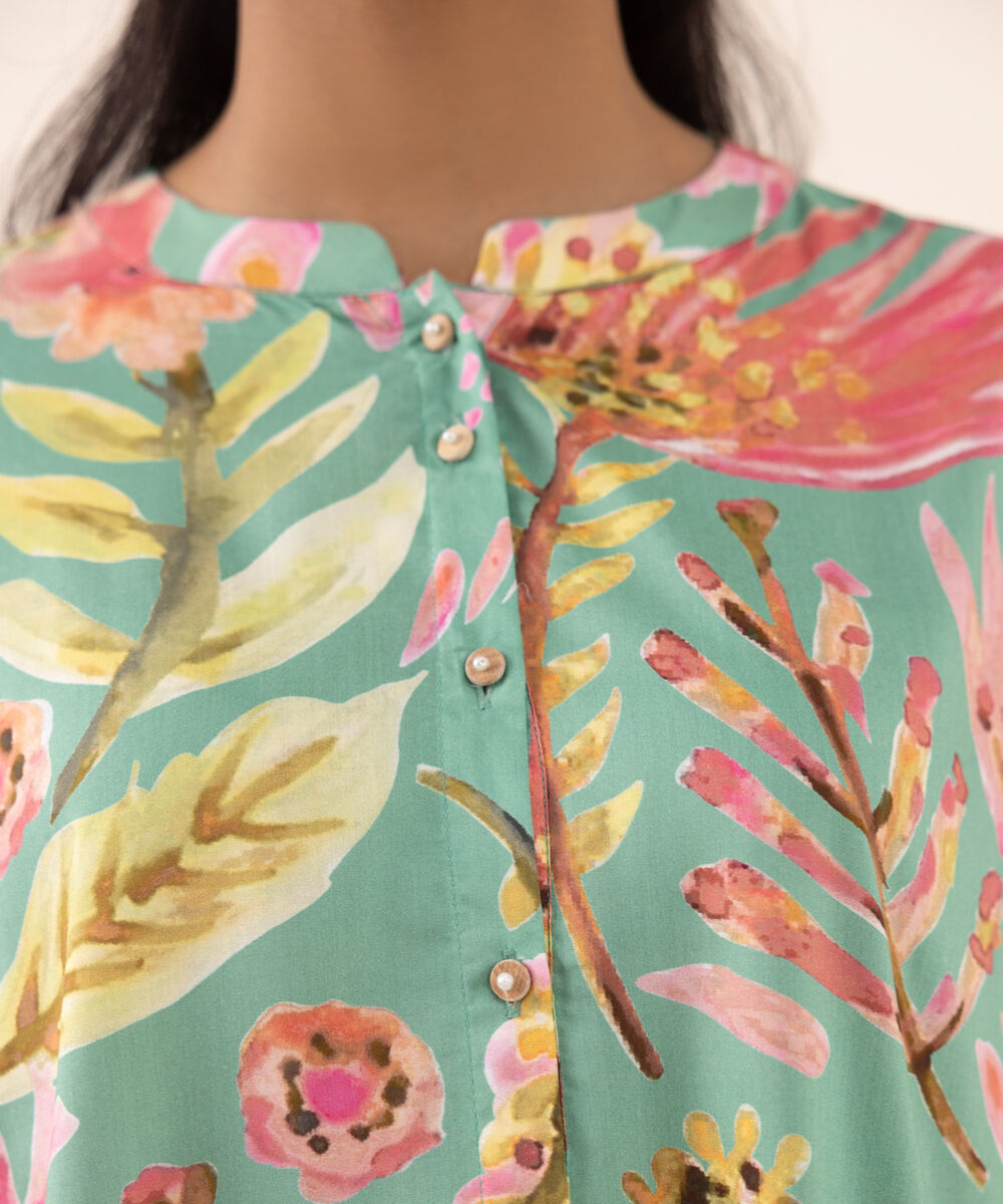 Women's RTW Arabic Lawn Green Printed Boxy Shirt