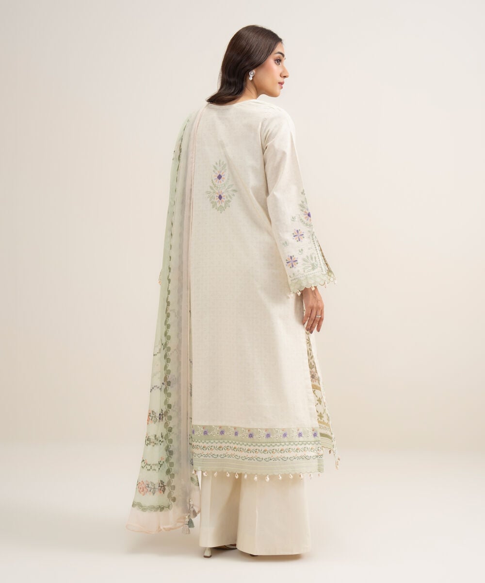 Women's Unstitched Lawn Embroidered Off White 3 Piece Suit
