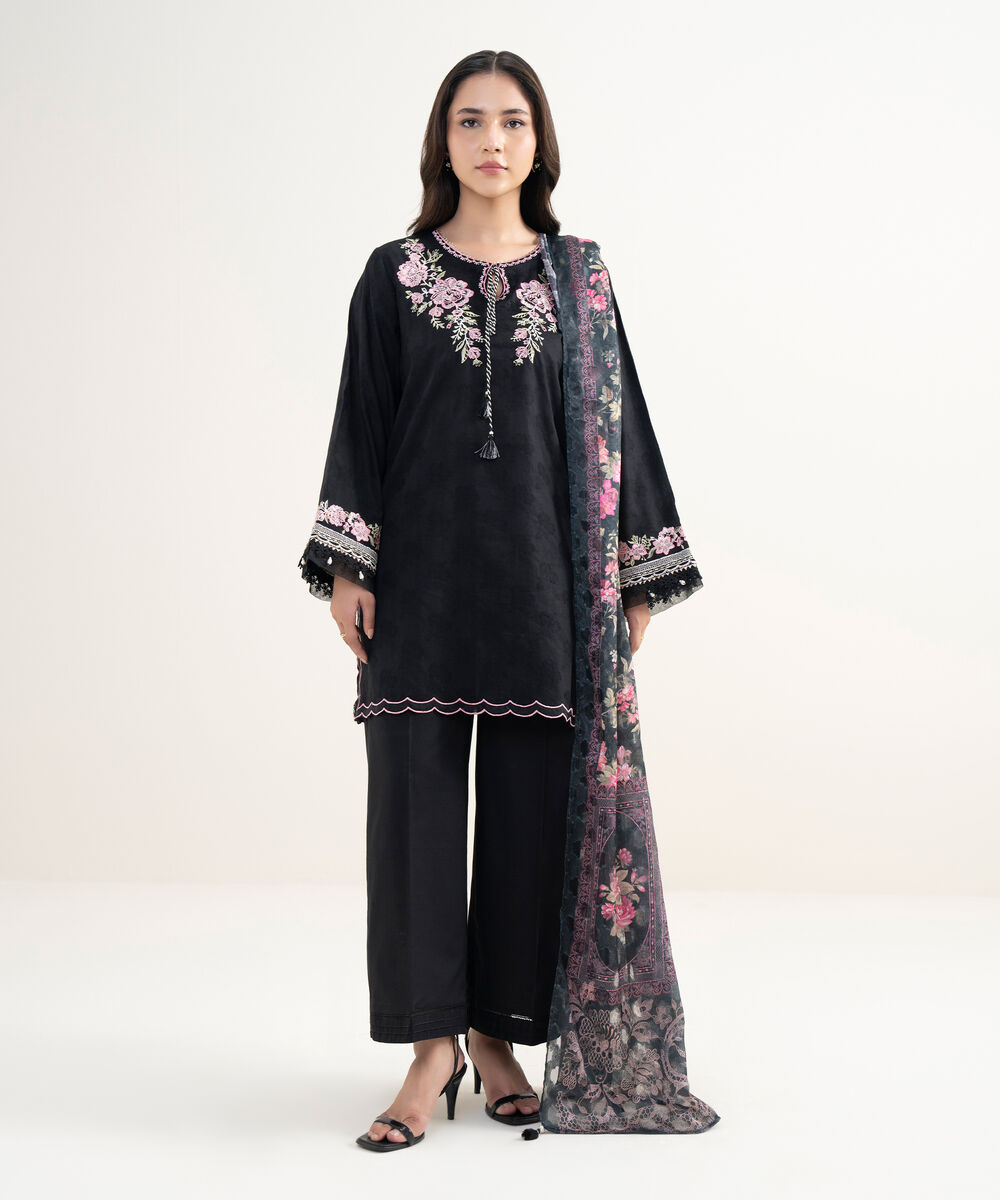 Women's RTW Self Jacquard Embroidered Black Straight Shirt
