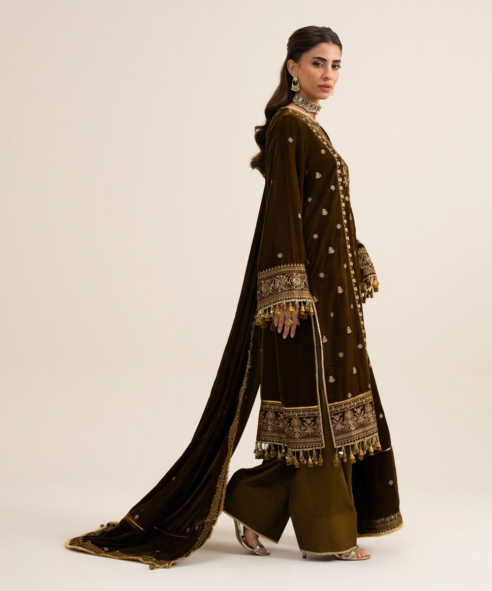 Women's Unstitched Velvet Embroidered Dark Brown 3 Piece Suit