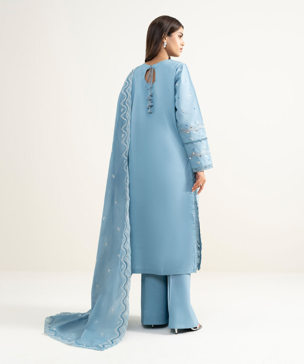 Women's Unstitched Textured Lawn Embroidered Blue 3 Piece Suit