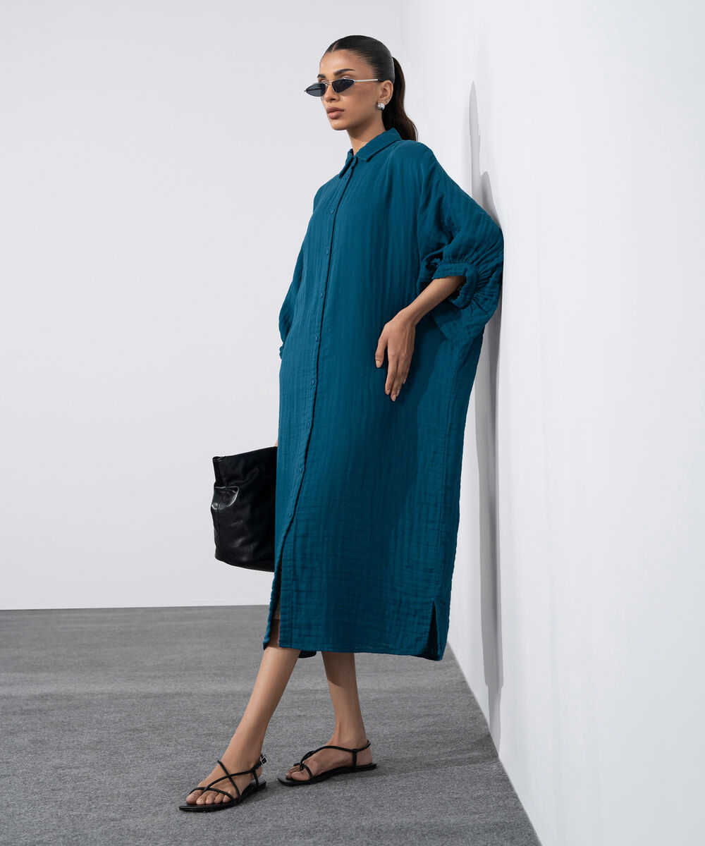 Women's Western Multi Batwing Sleeve Cotton Muslin Dress